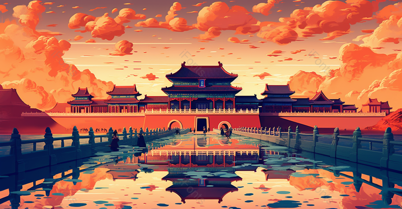 雨后天晴水中倒影红色渐变大气国潮风插画故宫远山祥云,插画/手绘图,插画/手绘图库,插画/手绘图下载,插画/手绘
